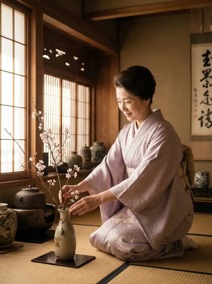 一位优雅的 蜜芽 在和室中插花